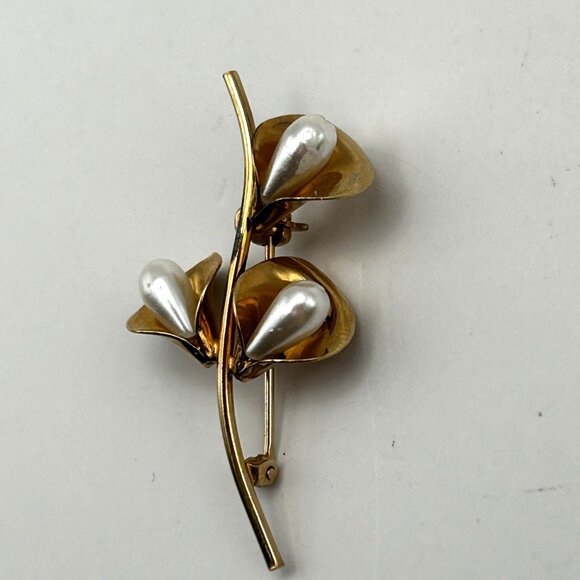 Vintage Beau Sterling Calla Lily Brooch Gold Vermeil Faux Pearl Flower Pin - Picture 8 of 10